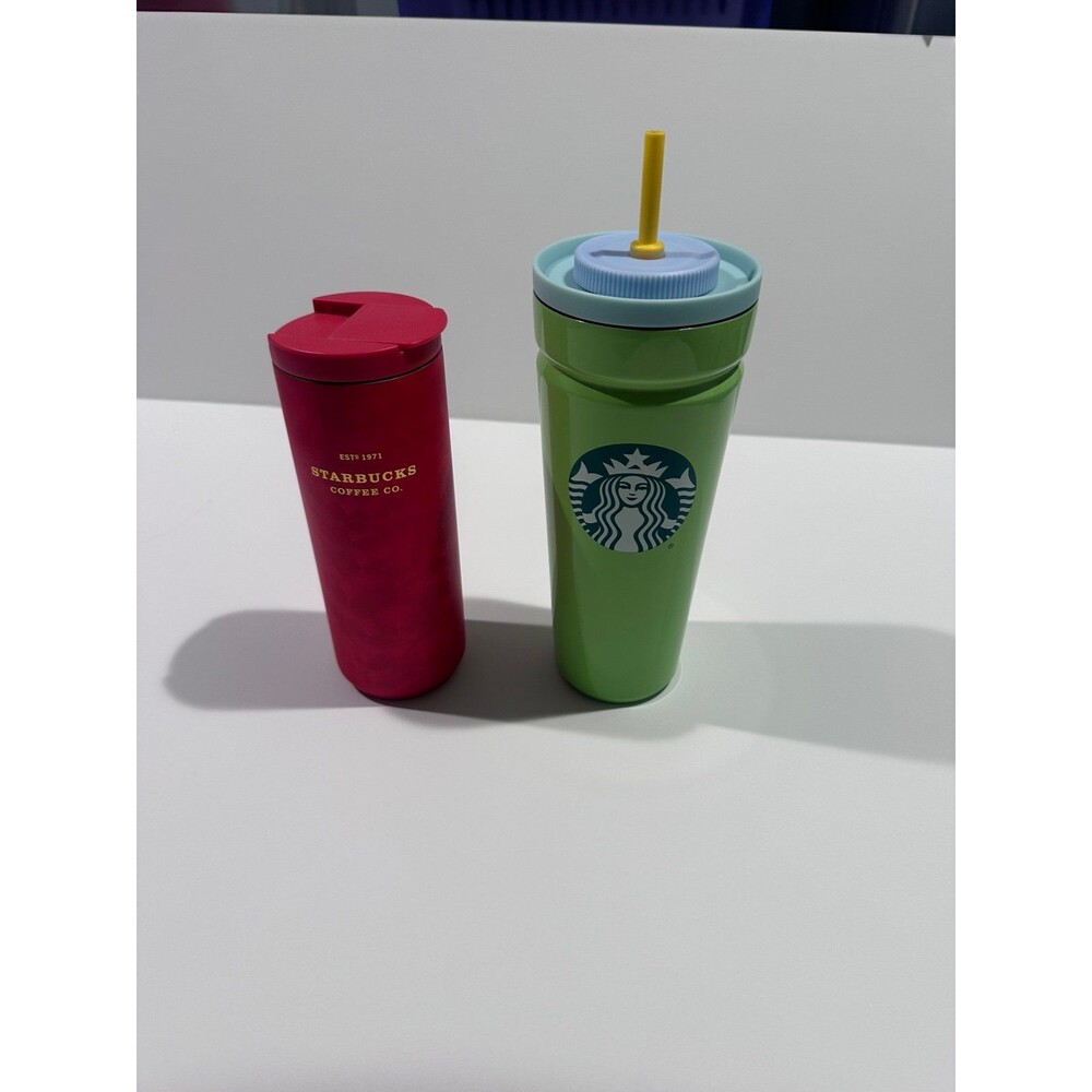 Starbucks Red Tumbler Travel Mug Cup Holiday / Christmas and green straw lot